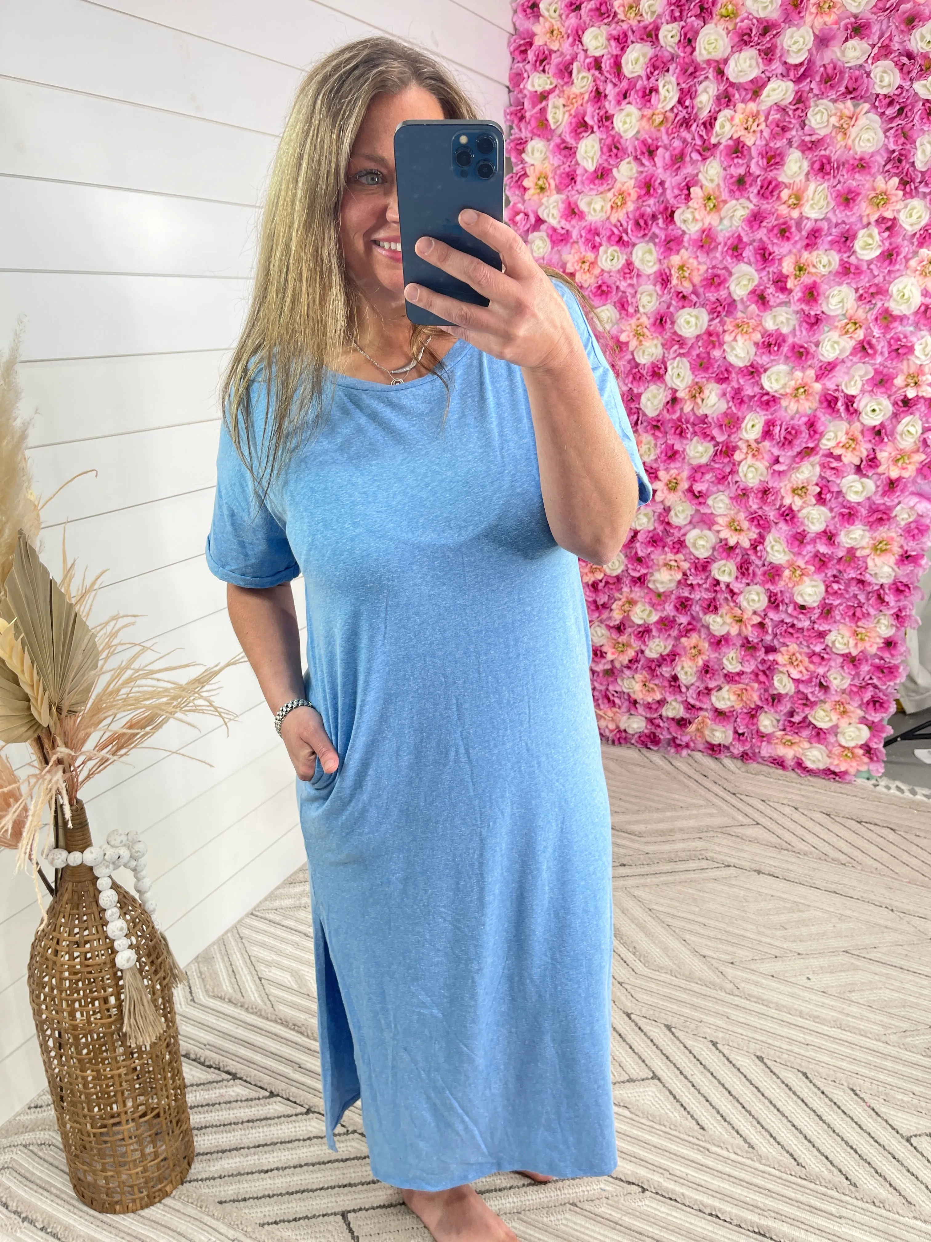 BLUE SCOOP NECK T SHIRT DRESS