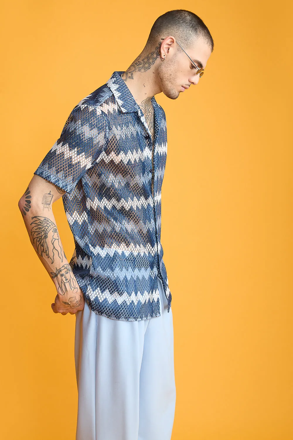 Blue Zig Zag Mesh Shirt