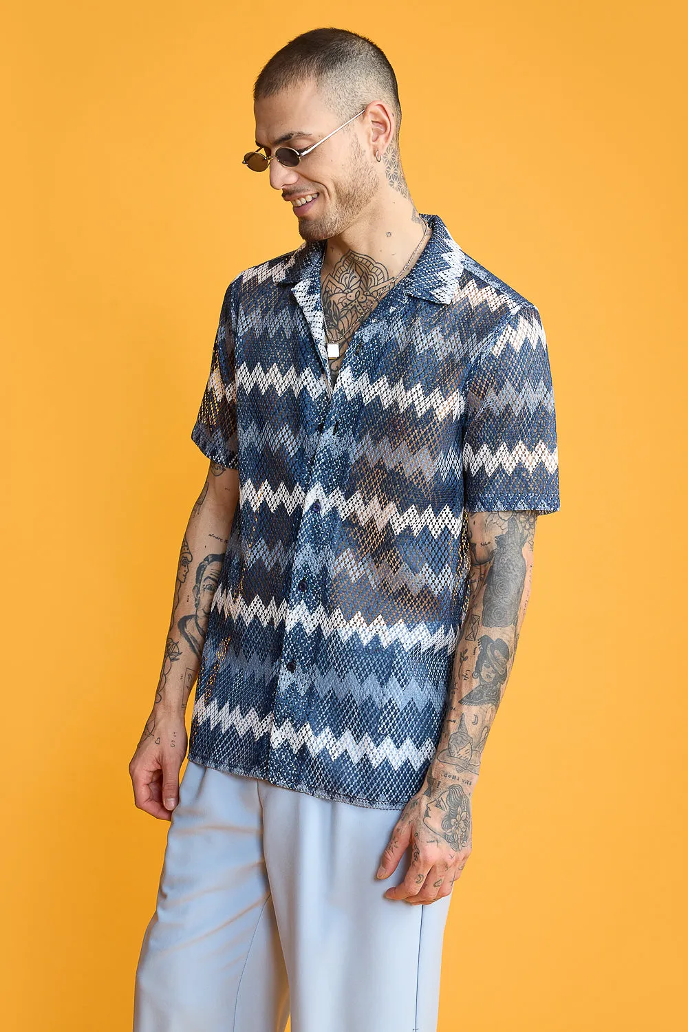 Blue Zig Zag Mesh Shirt