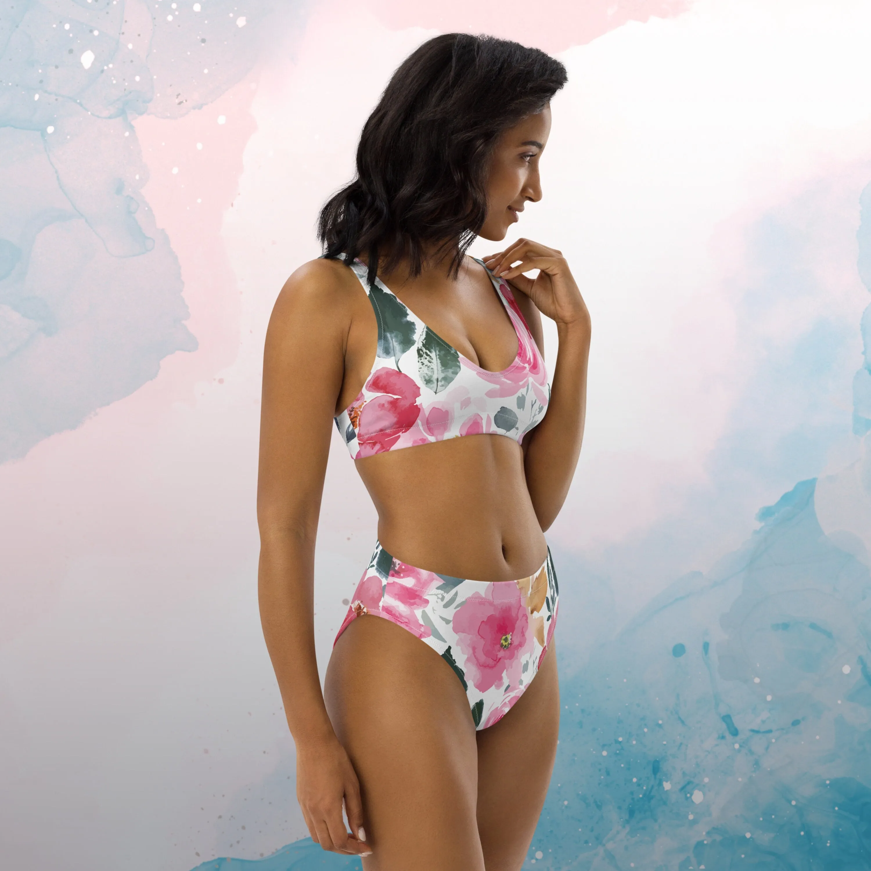 Bold Floral Pattern Womens Recycled High Waisted Bikini Set