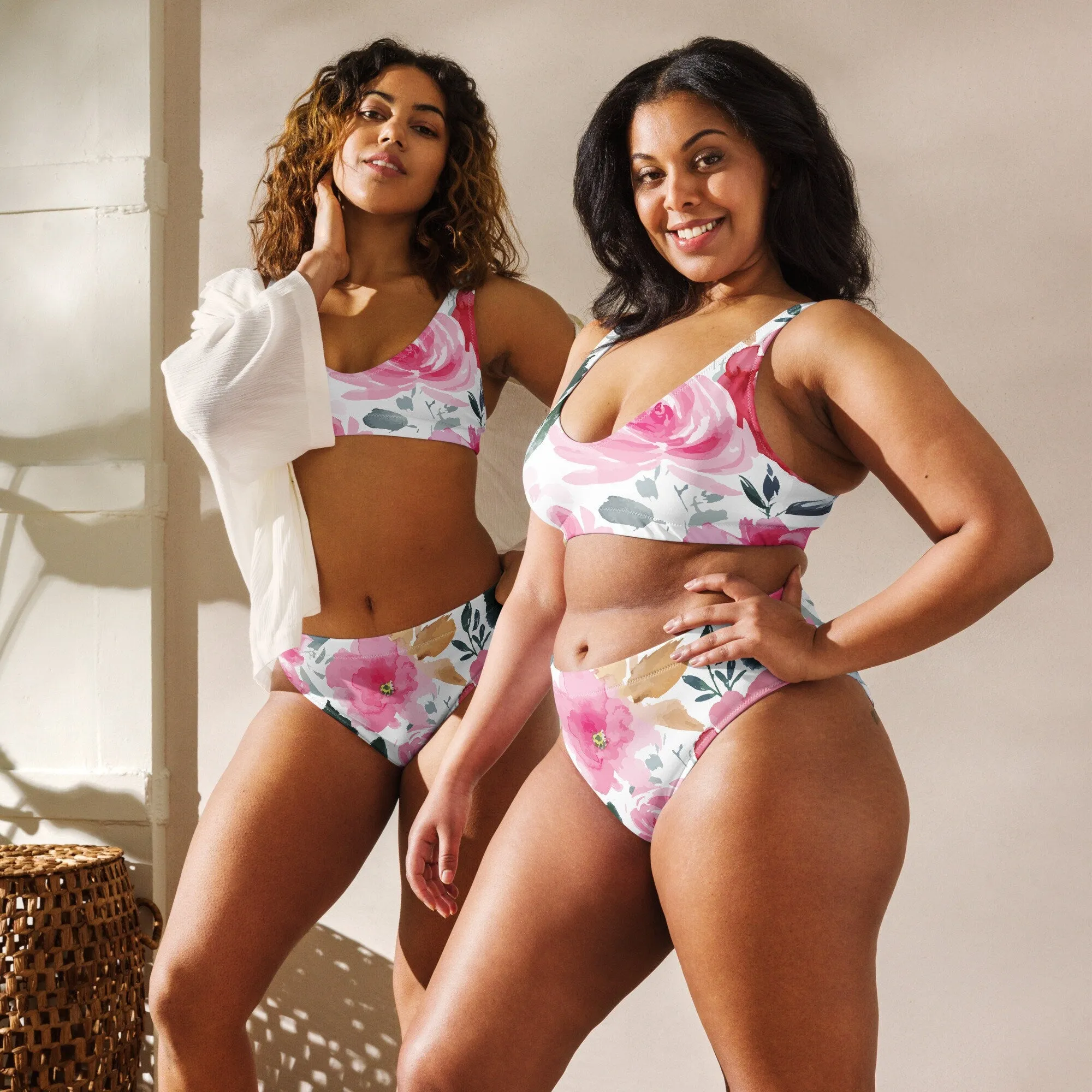 Bold Floral Pattern Womens Recycled High Waisted Bikini Set