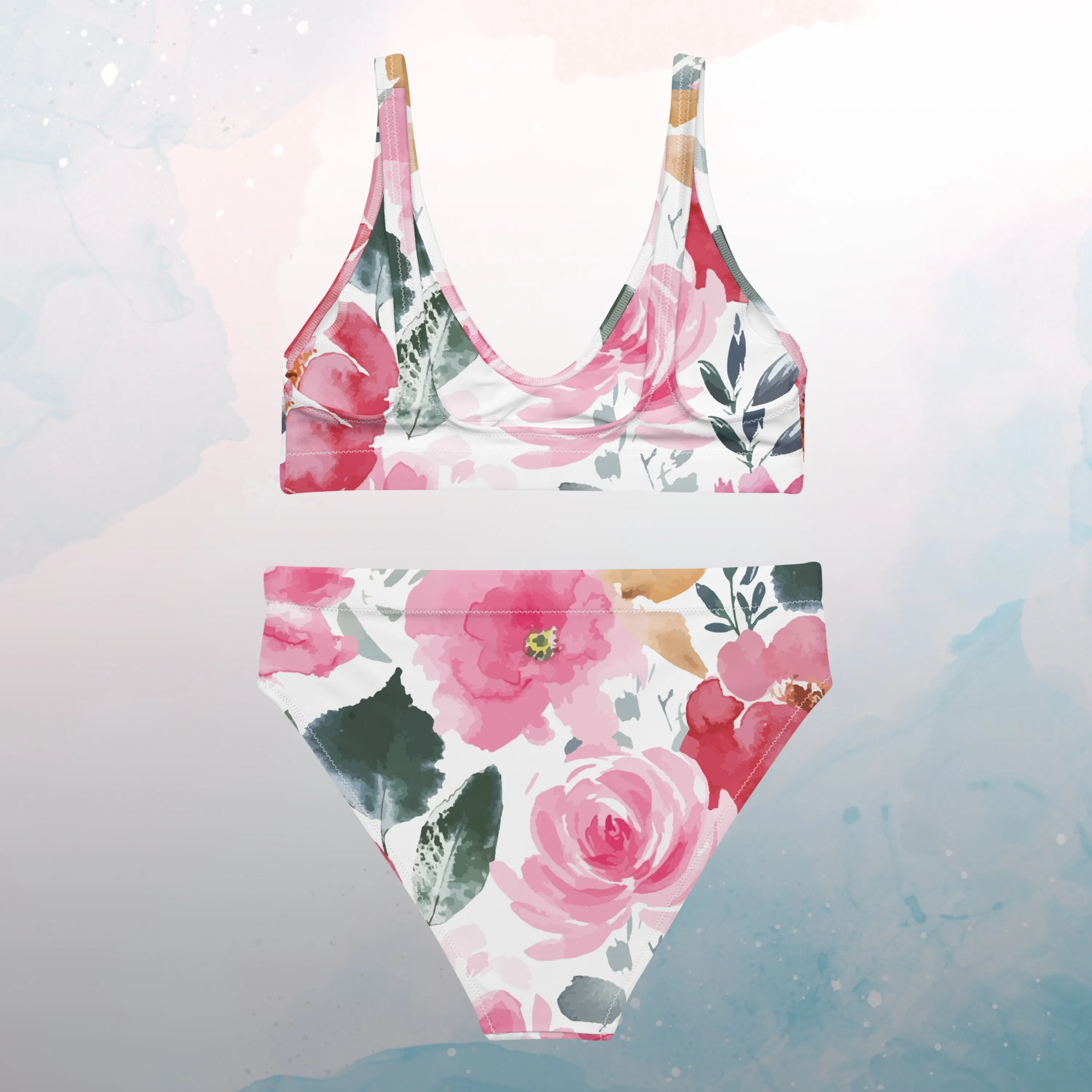 Bold Floral Pattern Womens Recycled High Waisted Bikini Set