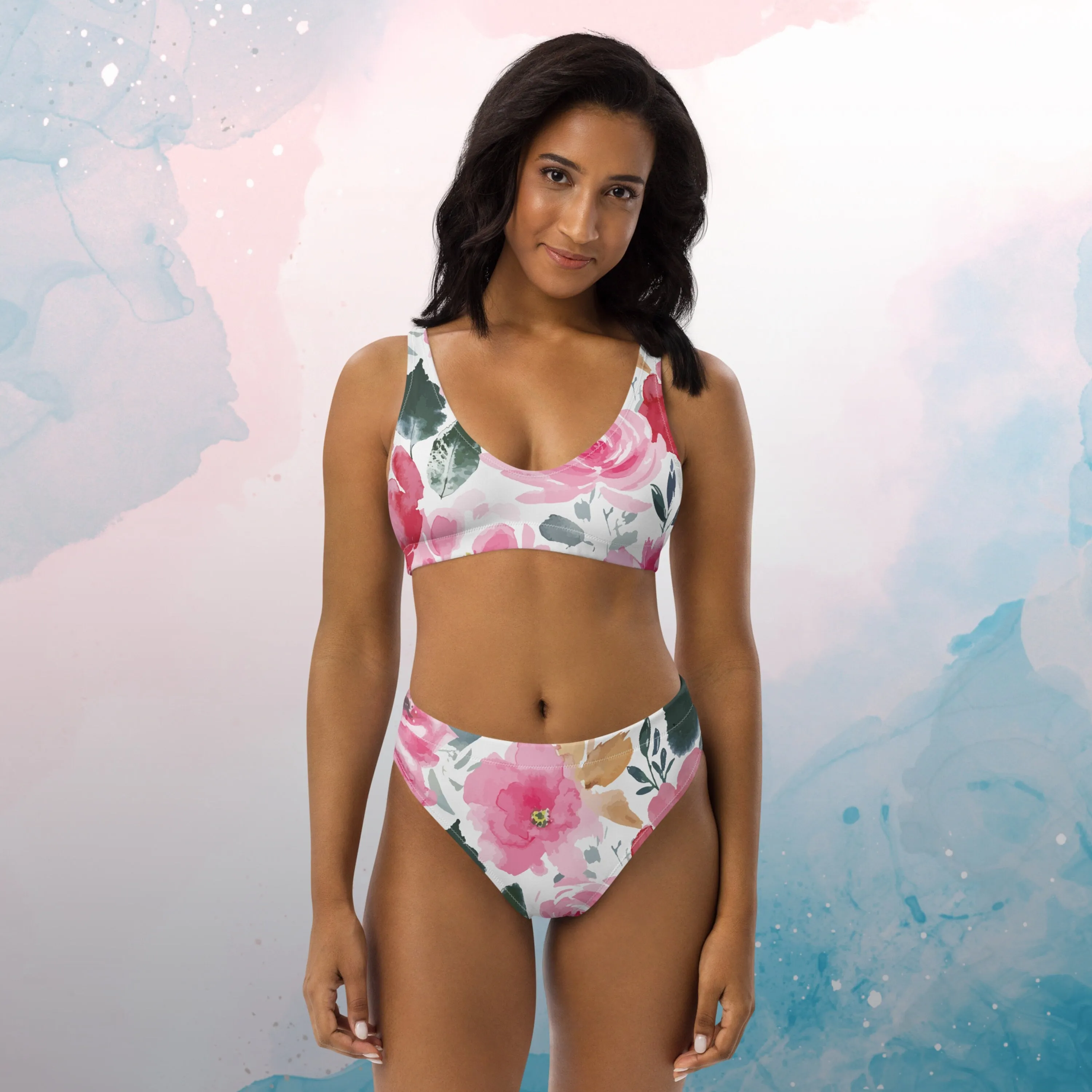 Bold Floral Pattern Womens Recycled High Waisted Bikini Set