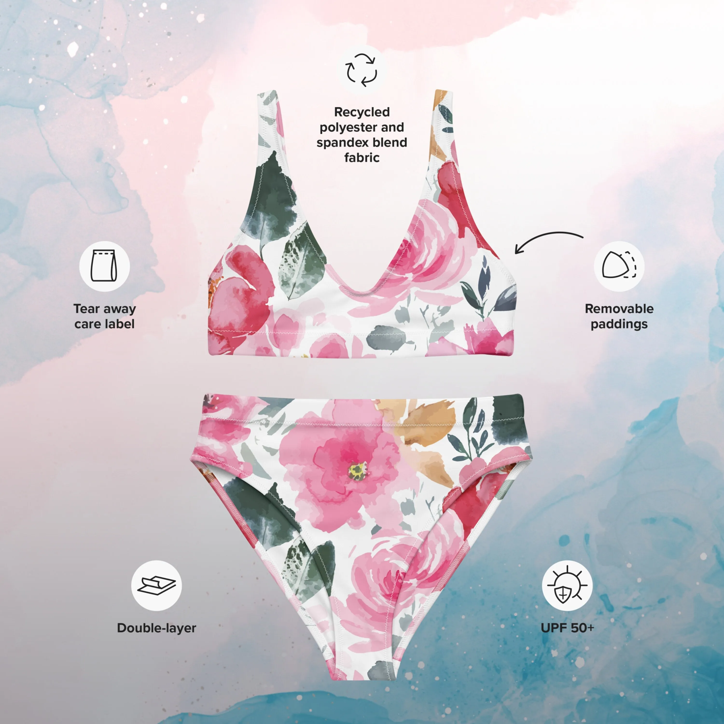 Bold Floral Pattern Womens Recycled High Waisted Bikini Set