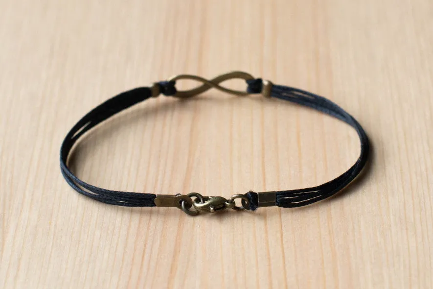 Bronze Infinity bracelet for men, black cord -  for him