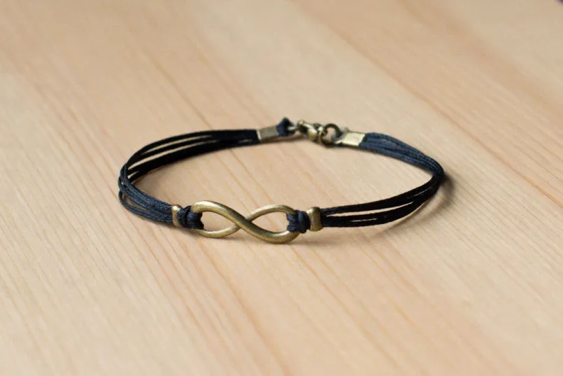 Bronze Infinity bracelet for men, black cord -  for him