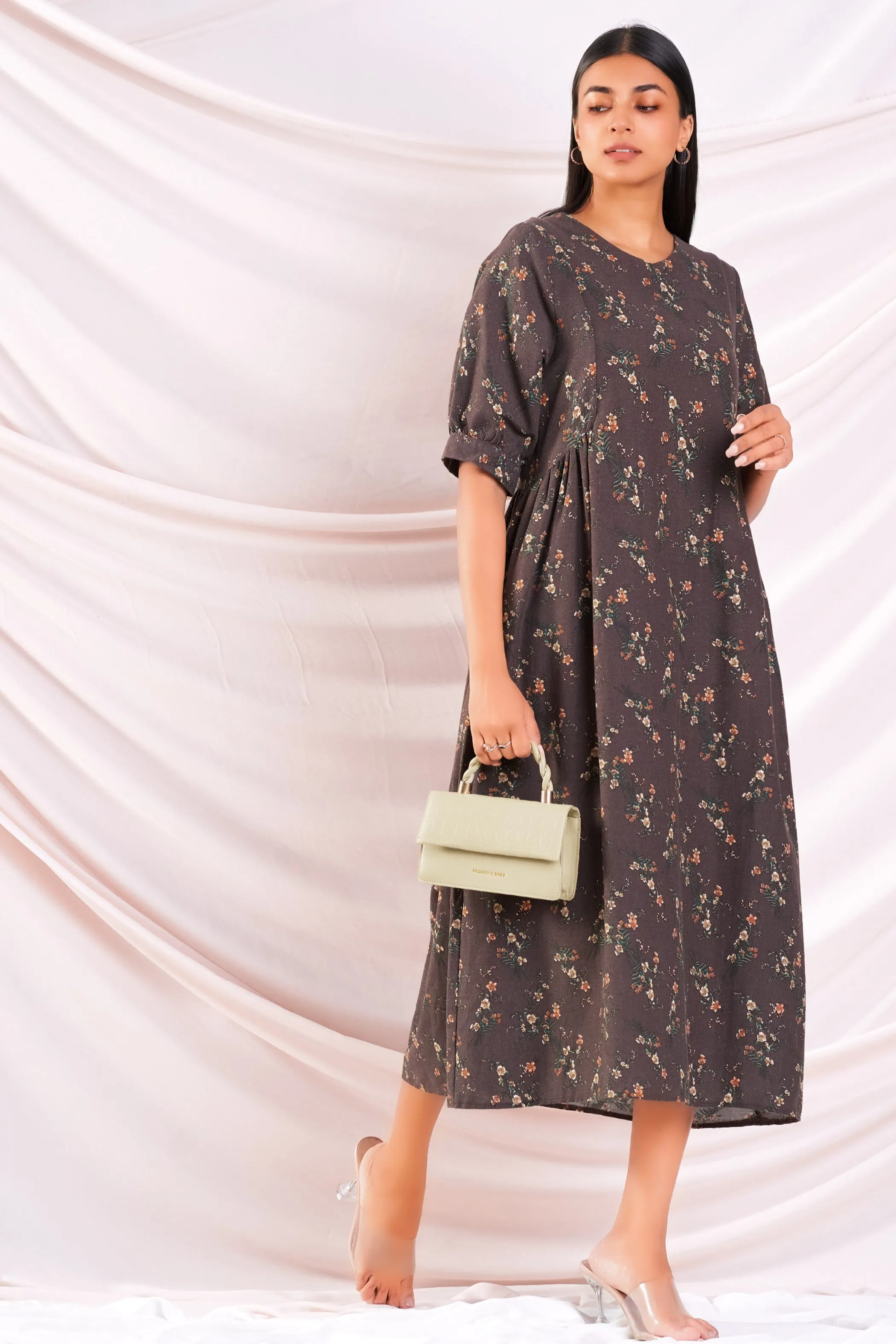 Brown Printed Aline Dress