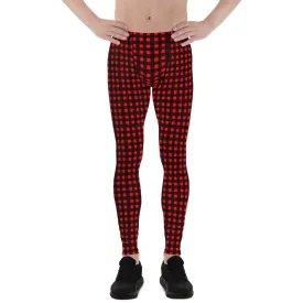 Buffalo Red Plaid Men's Leggings, Christmas Holiday Special Best Meggings Tights For Men