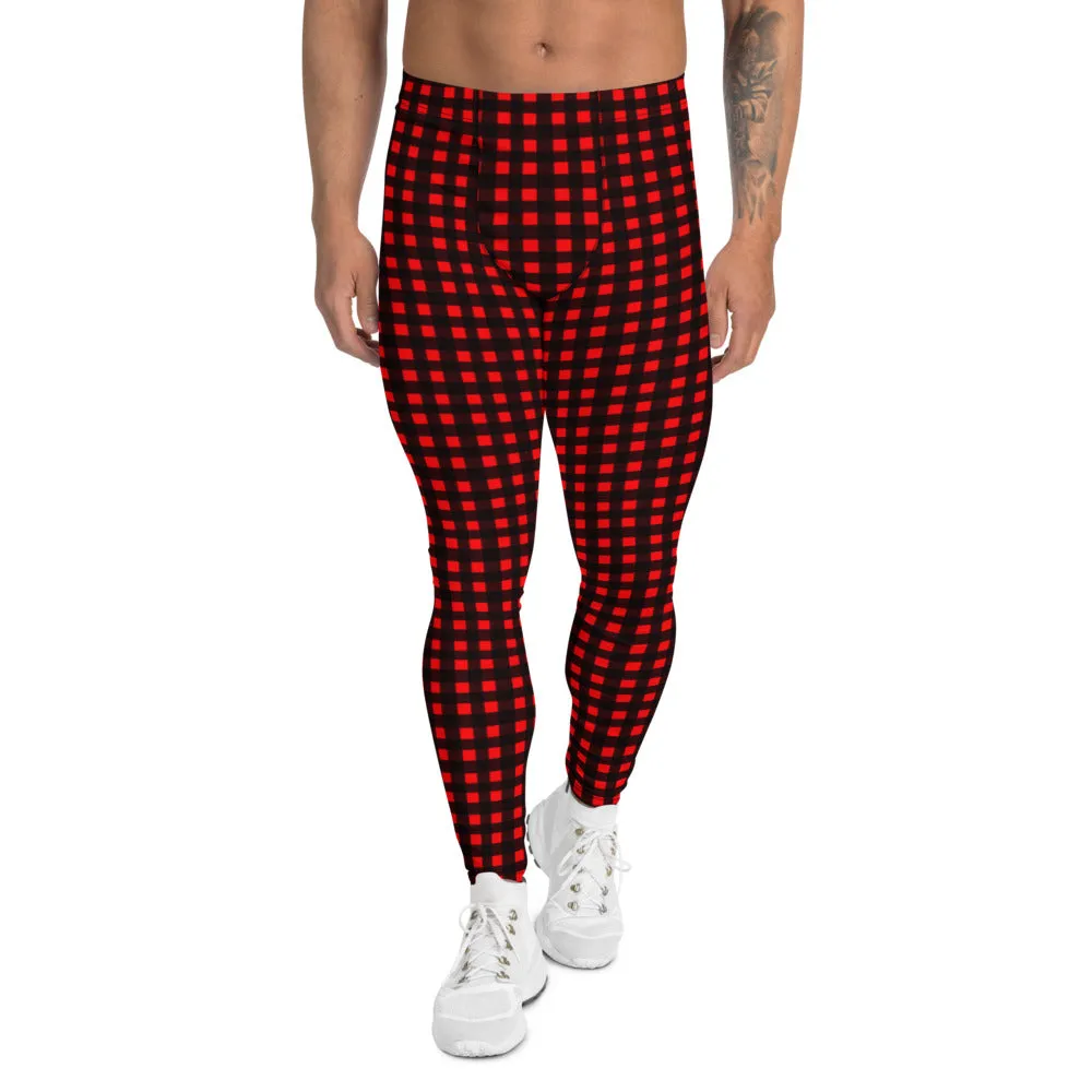 Buffalo Red Plaid Men's Leggings, Christmas Holiday Special Best Meggings Tights For Men