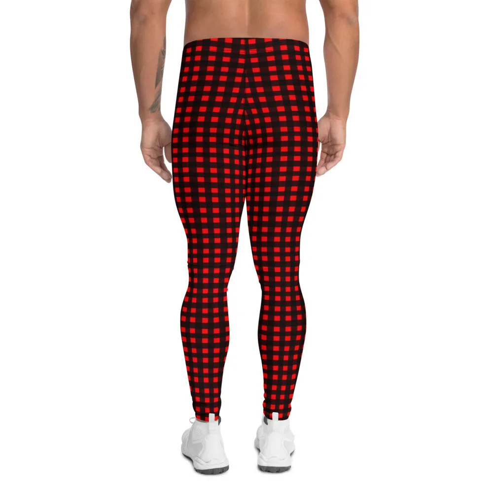 Buffalo Red Plaid Men's Leggings, Christmas Holiday Special Best Meggings Tights For Men