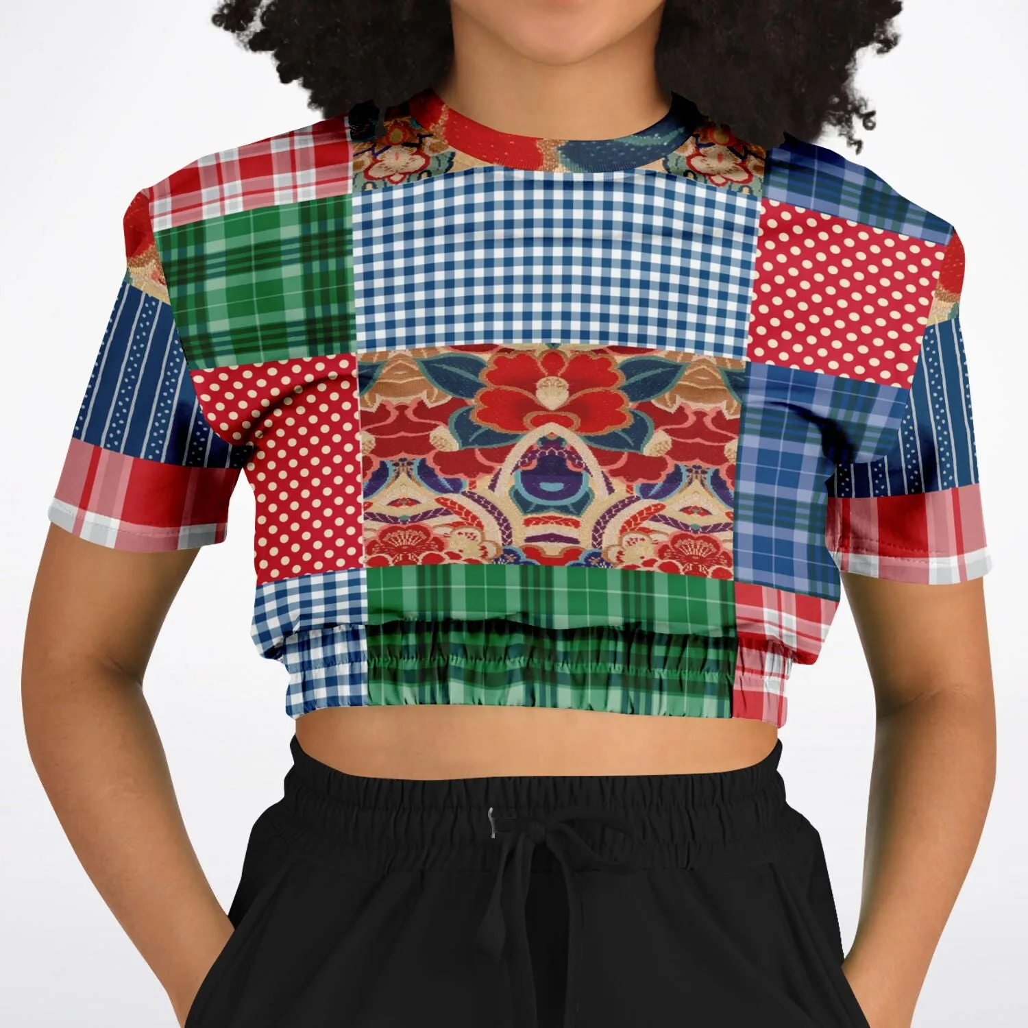 Busan Fleur Floral Plaid Patchwork Short Sleeve Cropped Eco-Poly Sweater