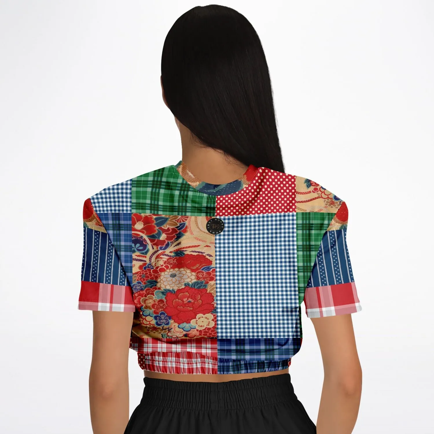 Busan Fleur Floral Plaid Patchwork Short Sleeve Cropped Eco-Poly Sweater