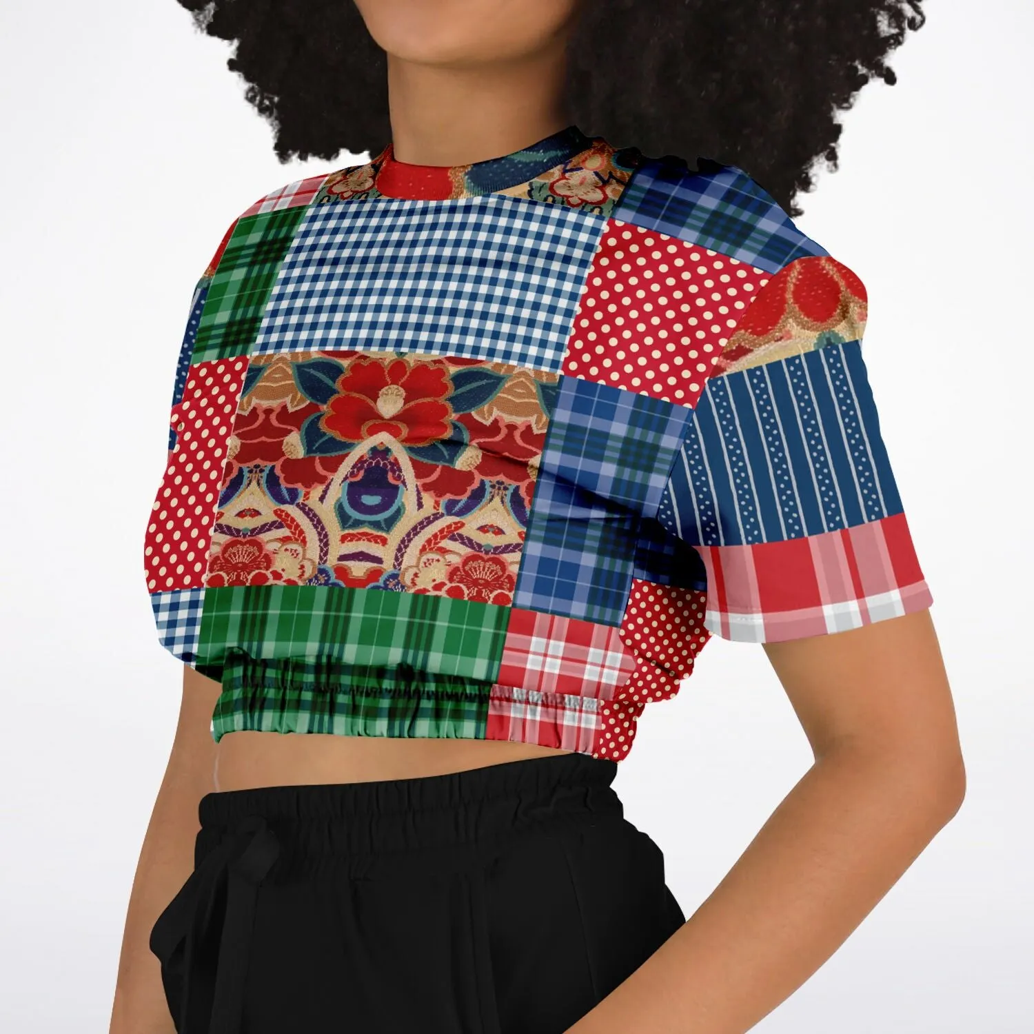 Busan Fleur Floral Plaid Patchwork Short Sleeve Cropped Eco-Poly Sweater