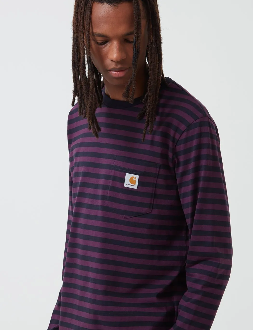 Carhartt-WIP Parker Pocket Long Sleeve T-Shirt (Parker Stripe) - Dark Navy/Boysenberry