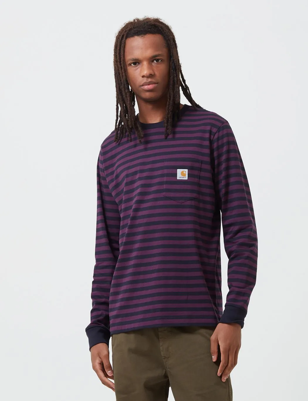 Carhartt-WIP Parker Pocket Long Sleeve T-Shirt (Parker Stripe) - Dark Navy/Boysenberry