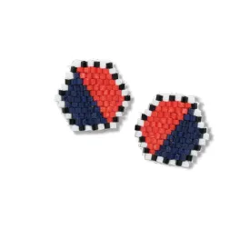 Casey Two Color Hexagon Post Beaded Earrings Navy/Poppy