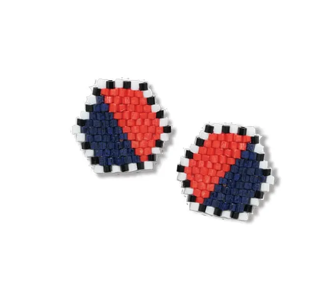 Casey Two Color Hexagon Post Beaded Earrings Navy/Poppy