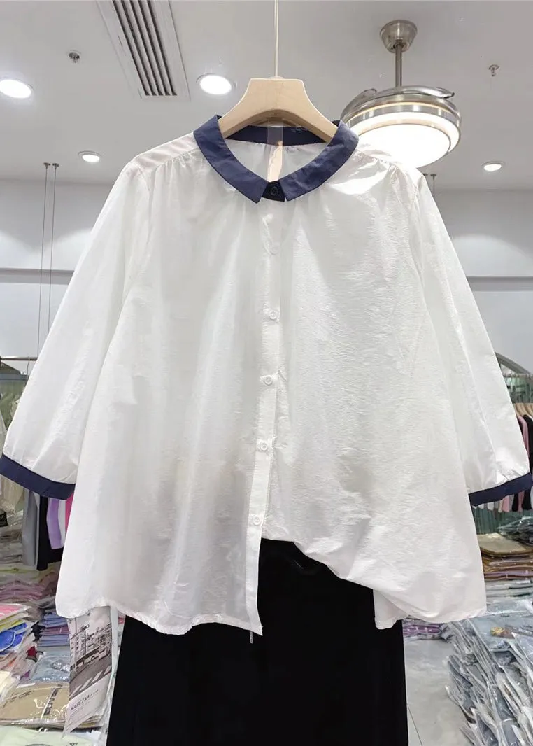 Casual White Peter Pan Collar Cotton Shirts Bracelet Sleeve WW1023