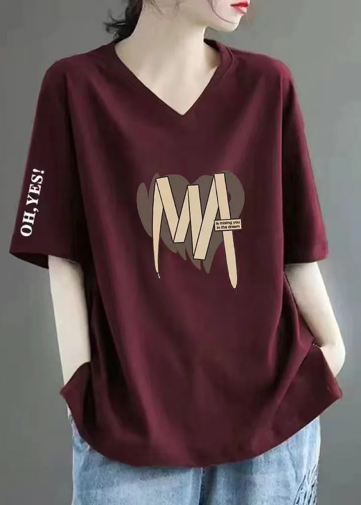 Casual Wine Red V Neck Print Cotton T Shirts Summer BV057