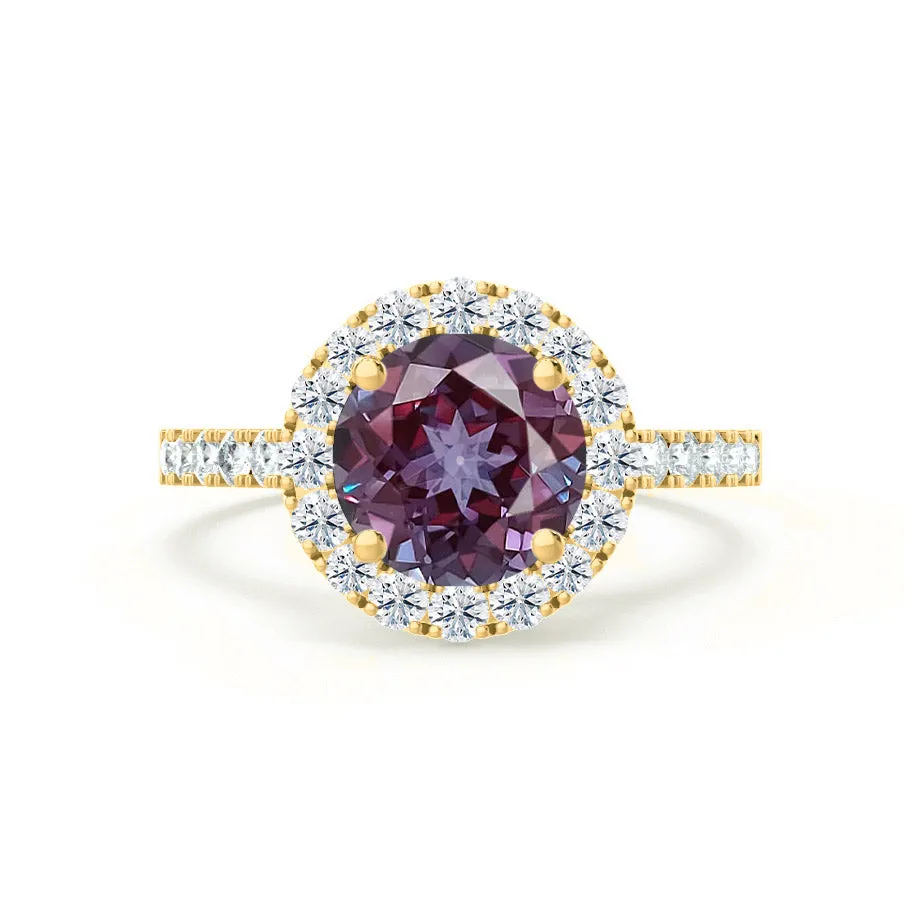 CECILY - Chatham® Lab Grown Alexandrite & Diamond 18k Yellow Gold Halo Ring