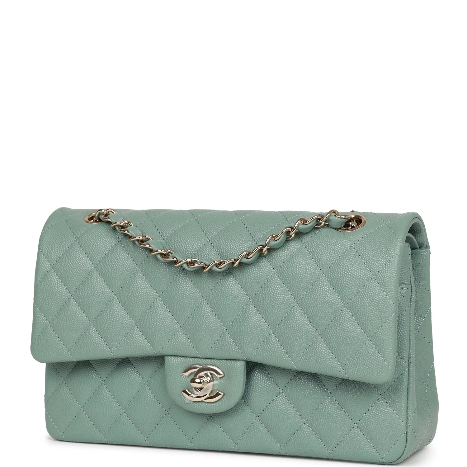 Chanel Medium Classic Double Flap Bag Green Caviar Light Gold Hardware