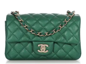 Chanel Mini Green Iridescent Quilted Caviar Rectangular Classic