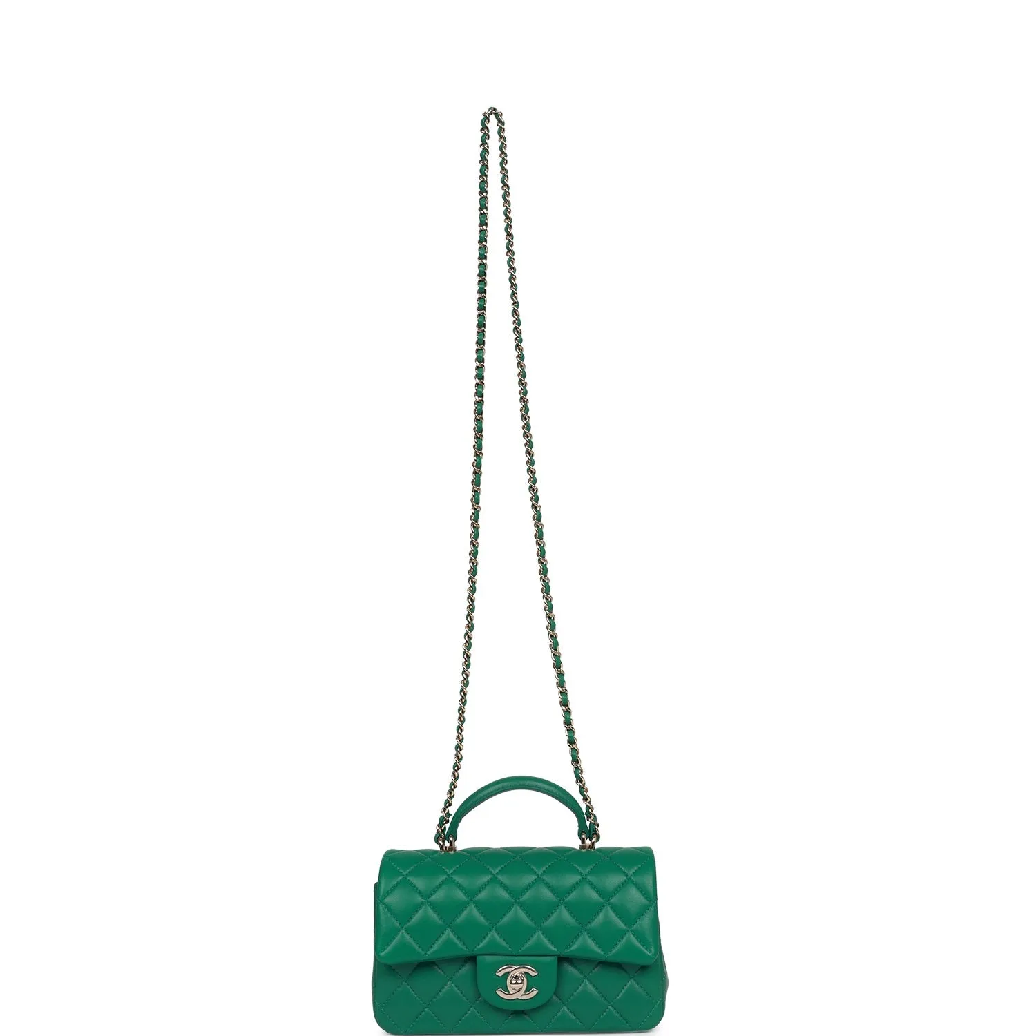 Chanel Mini Rectangular Flap with Top Handle Green Lambskin Light Gold Hardware