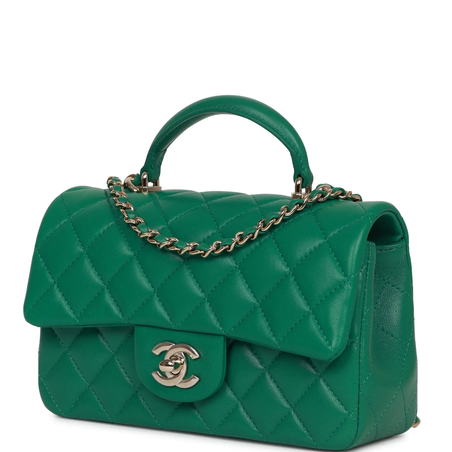 Chanel Mini Rectangular Flap with Top Handle Green Lambskin Light Gold Hardware