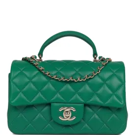 Chanel Mini Rectangular Flap with Top Handle Green Lambskin Light Gold Hardware