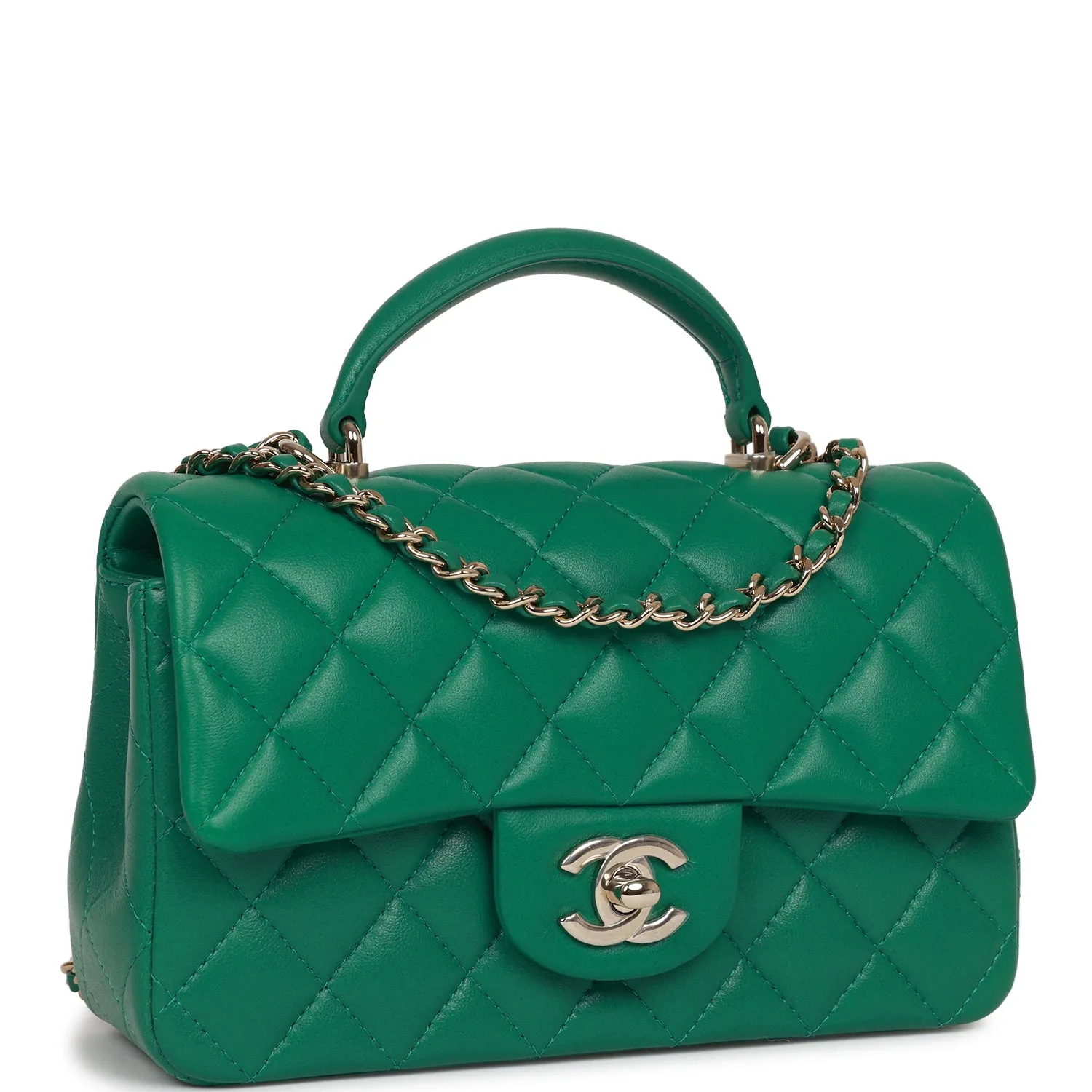 Chanel Mini Rectangular Flap with Top Handle Green Lambskin Light Gold Hardware