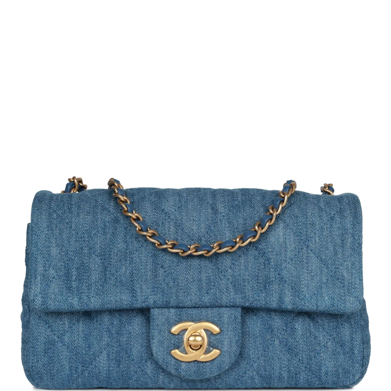 Chanel Pearl Crush Mini Rectangular Flap Bag Blue Denim Lambskin Antique Gold Hardware