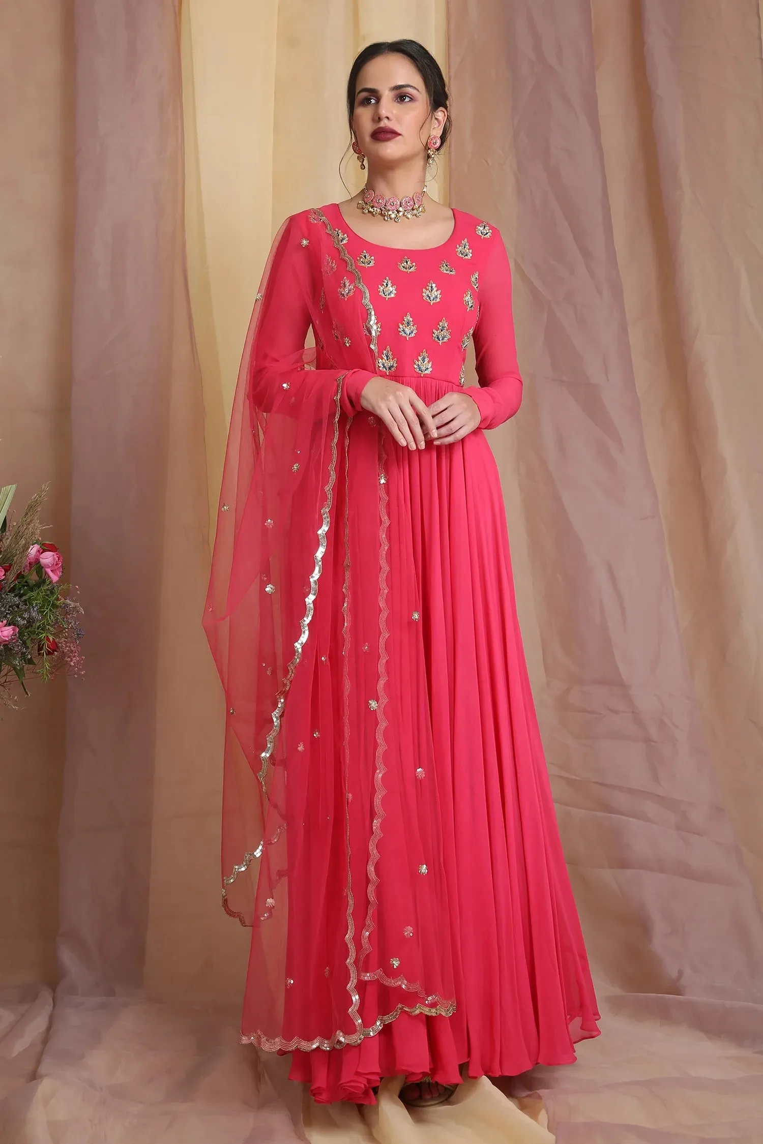 Cherry Red Embroidered Anarkali