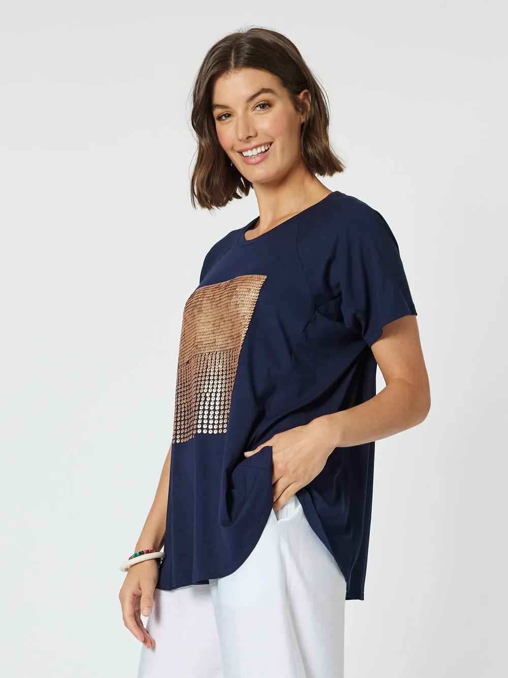 Clarity Sequin Patch Tee Navy/Bronze