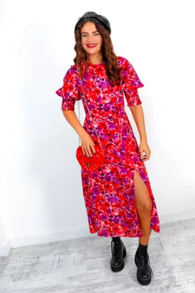 Cuff it Up - Red Purple Floral Print Midi Dress