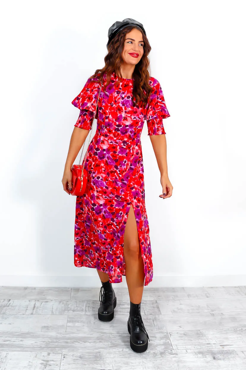 Cuff it Up - Red Purple Floral Print Midi Dress