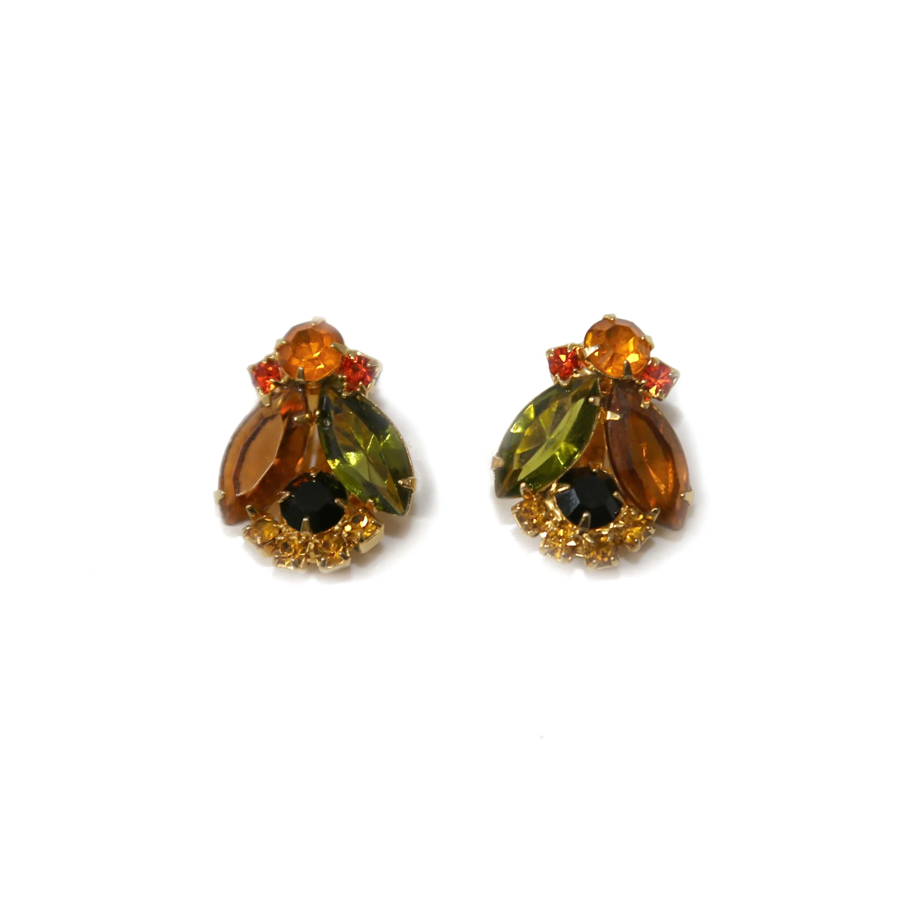 D&E JULIANA 1960s Orange Green Amber Crystal Goldtone Jewellery