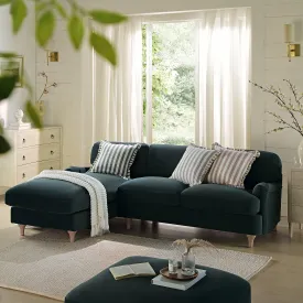 Daphnis Aegean Blue Velvet Sofa, Grande Chaise Sofa Left Hand