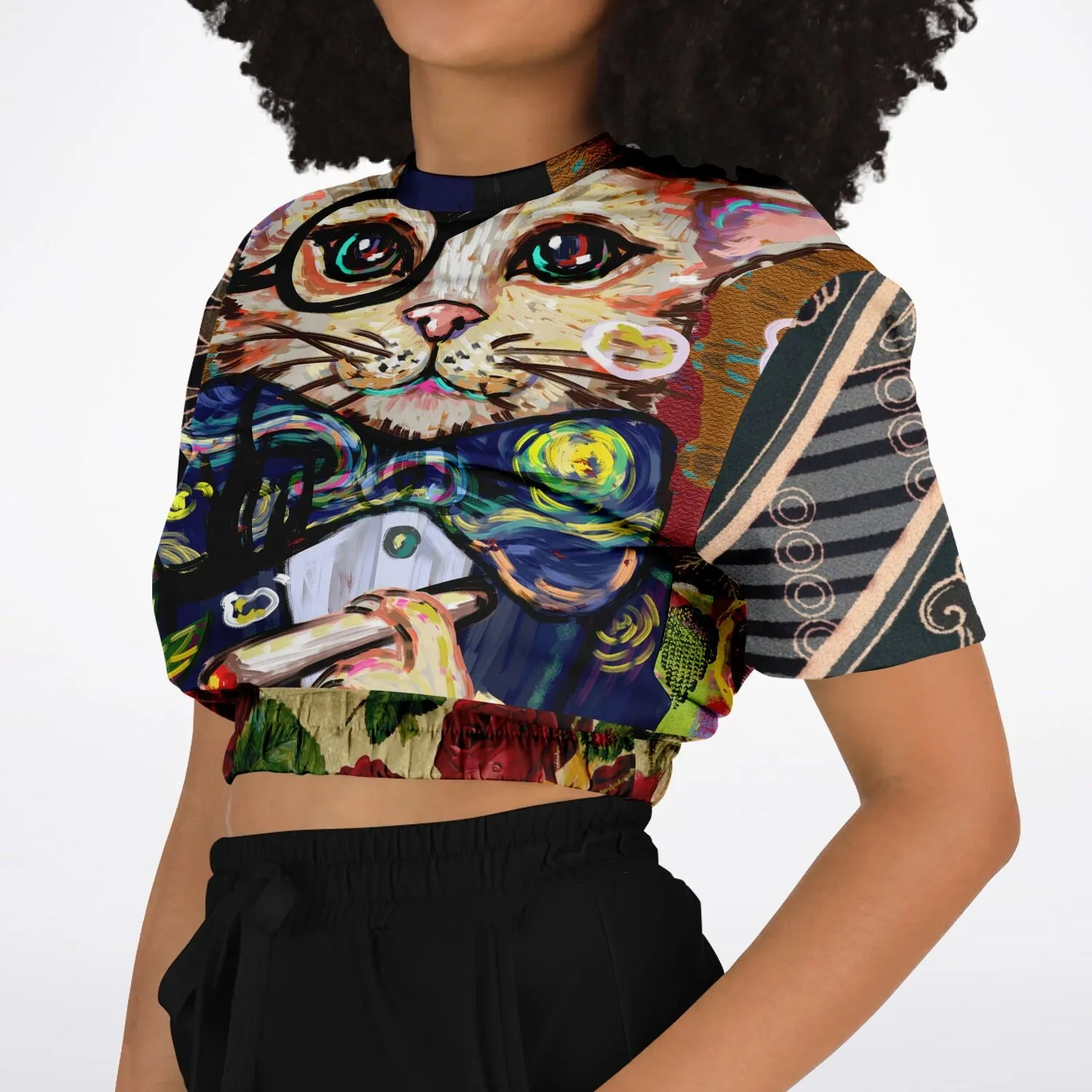 Dapper Cat Short Sleeve Cropped Eco-Poly Sweater