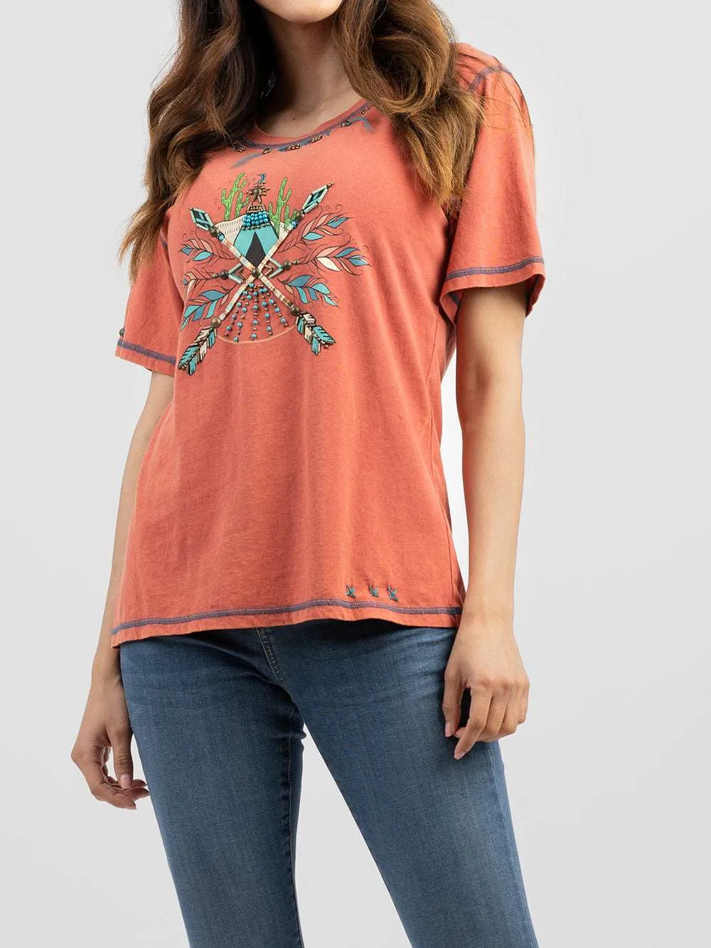 Delila Women Washed Arrow Print Tee With Beads