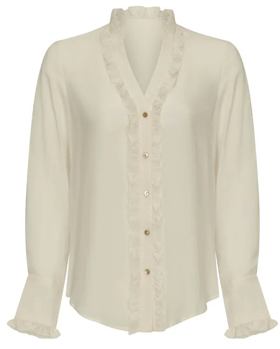 Emily Cream Shirt - Pure Silk With Ruffle Details