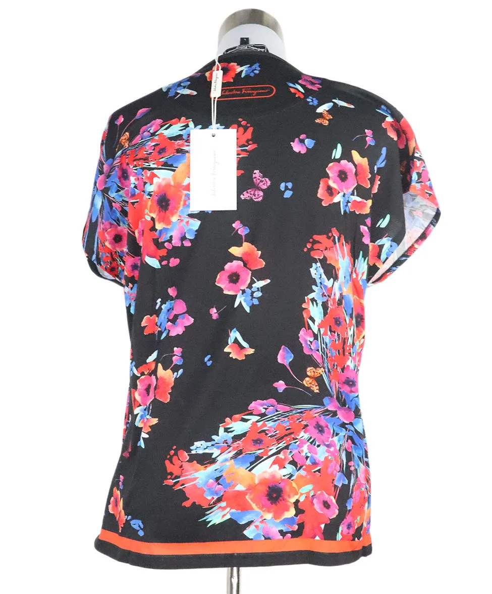 Ferragamo Black & Multi Floral Print Top sz 10