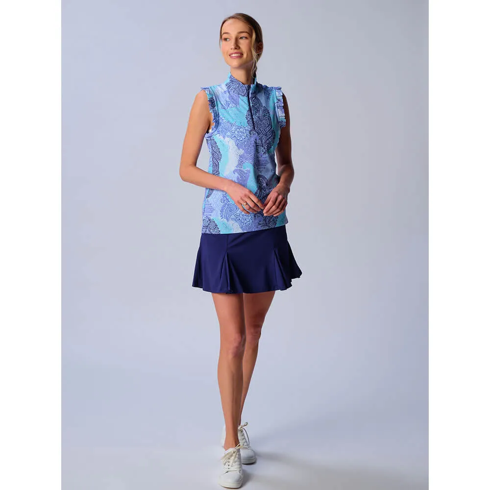 G Lifestyle Half Zip Ruffle Sleeveless Top - Blue Paisley