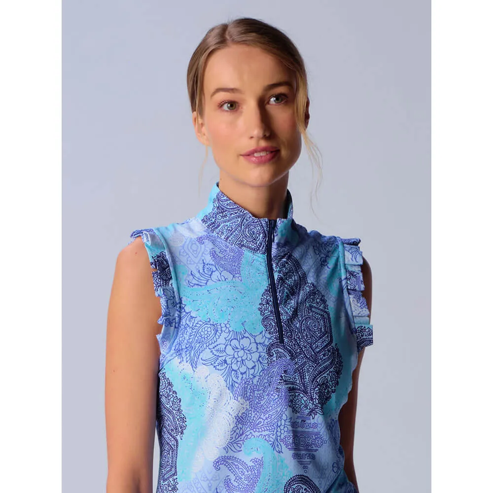 G Lifestyle Half Zip Ruffle Sleeveless Top - Blue Paisley