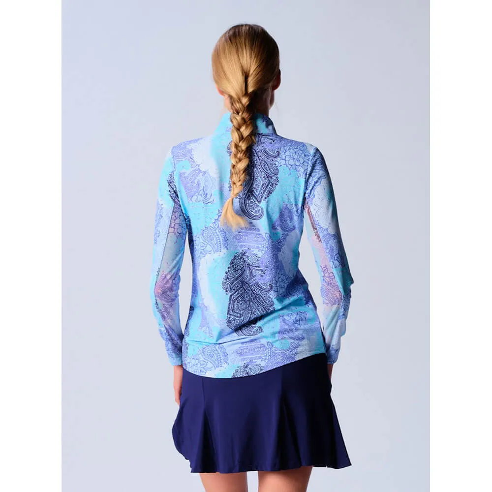 G Lifestyle Long Sleeve Print Zip Mock Neck Top - Blue Paisley