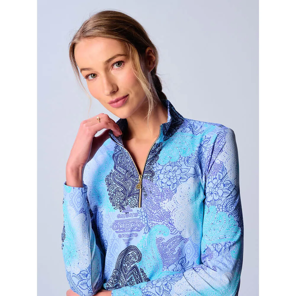 G Lifestyle Long Sleeve Print Zip Mock Neck Top - Blue Paisley