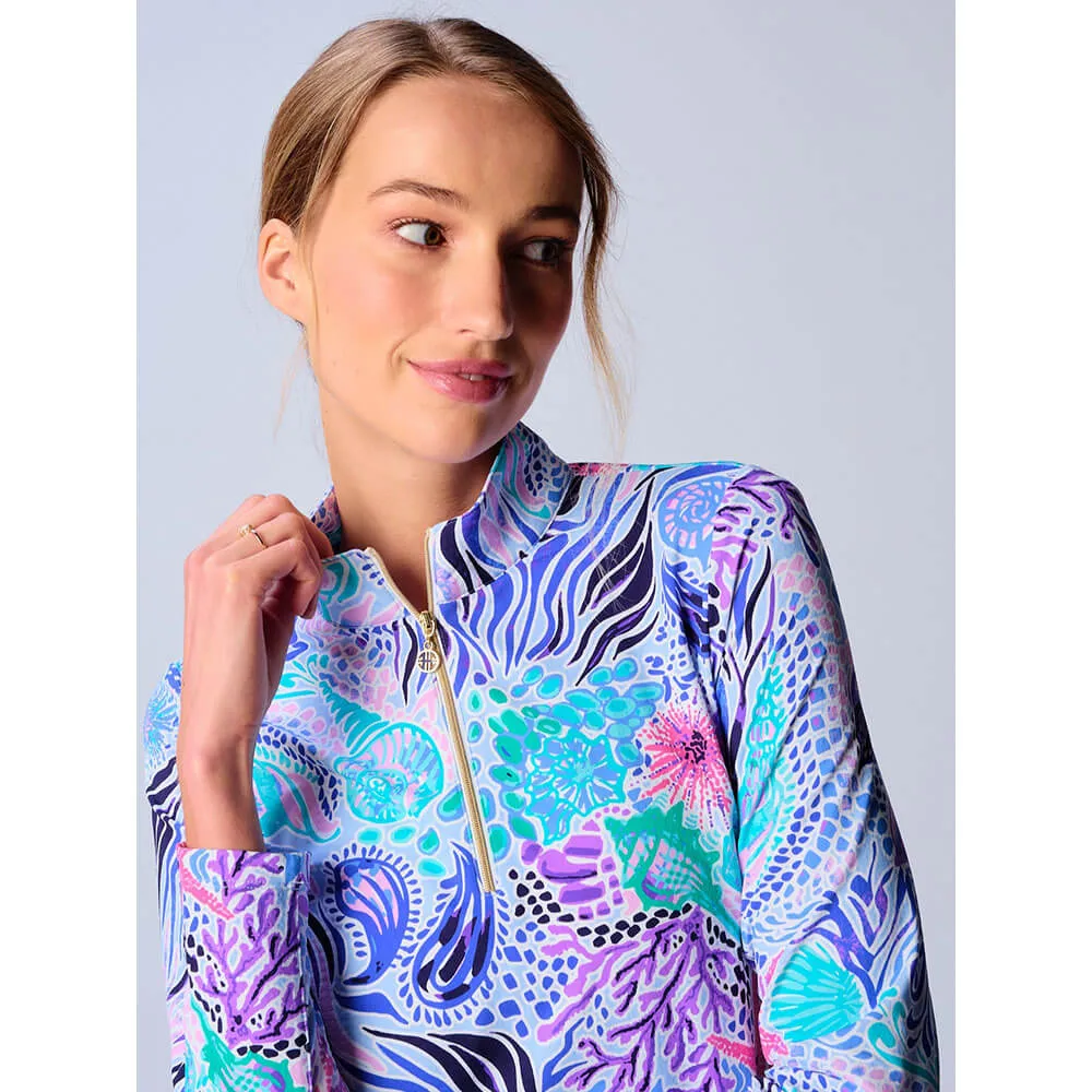 G Lifestyle Long Sleeve Print Zip Mock Neck Top - Blue Sea Wave