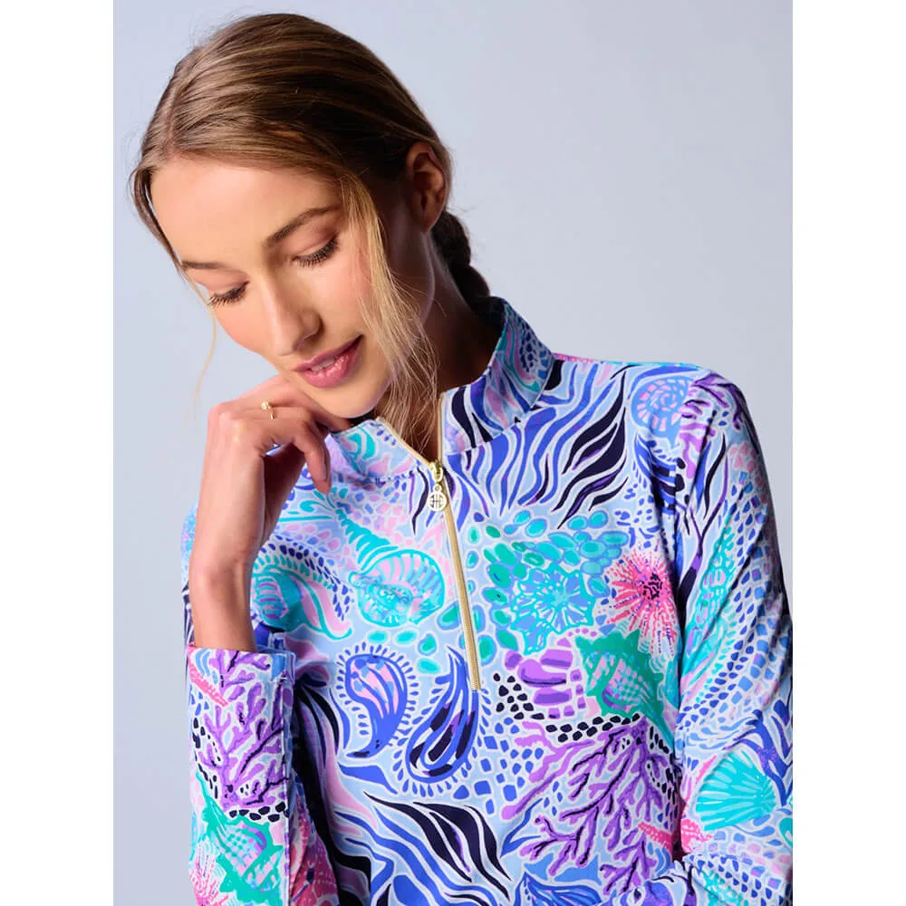 G Lifestyle Long Sleeve Print Zip Mock Neck Top - Blue Sea Wave