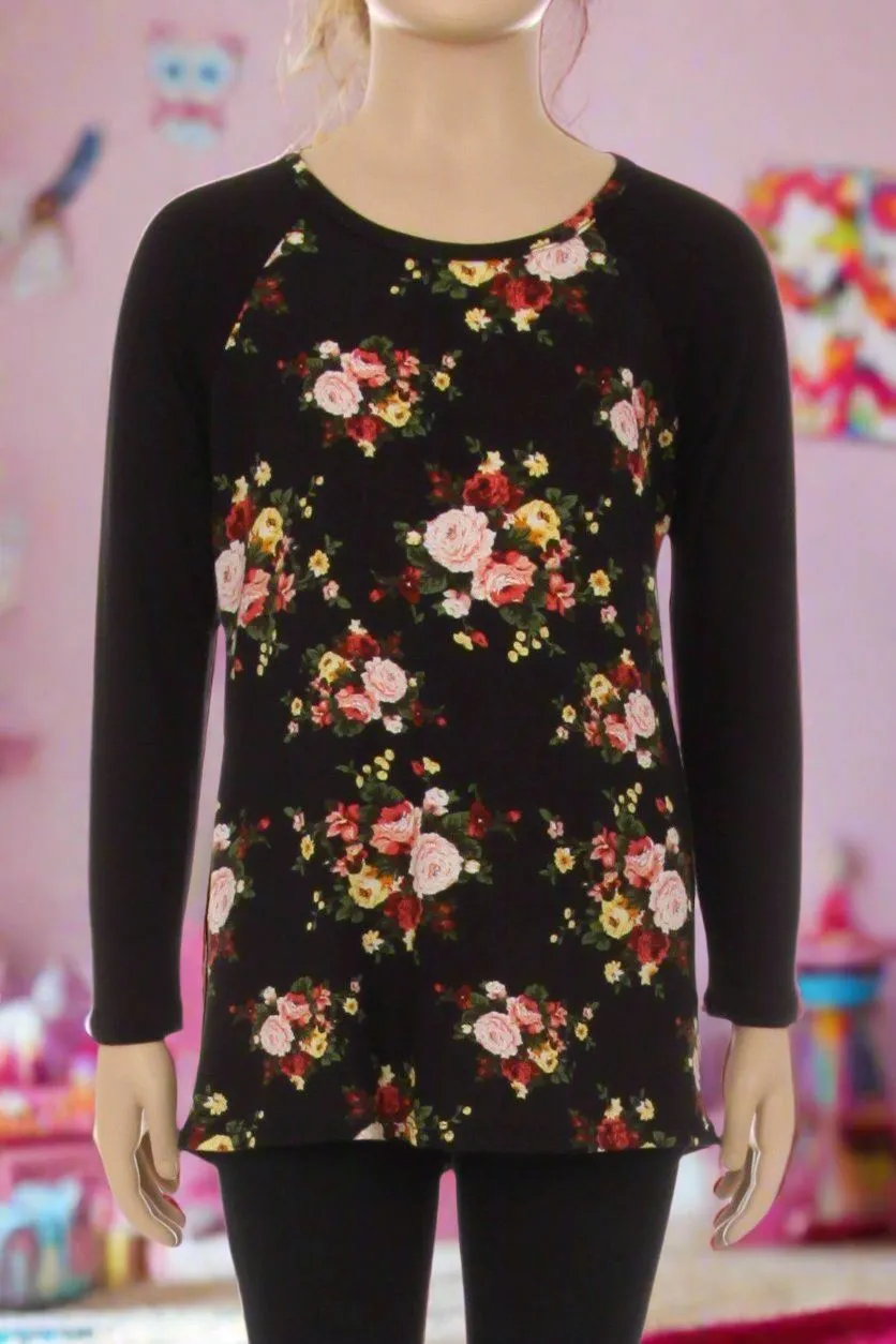 Girls Rose Floral Top, Long Sleeve Shirt, Sizes S/M/L/XL, Black/Pink