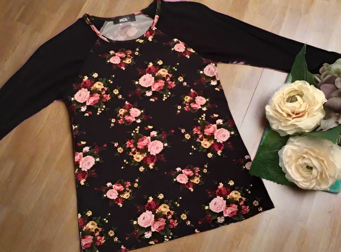 Girls Rose Floral Top, Long Sleeve Shirt, Sizes S/M/L/XL, Black/Pink