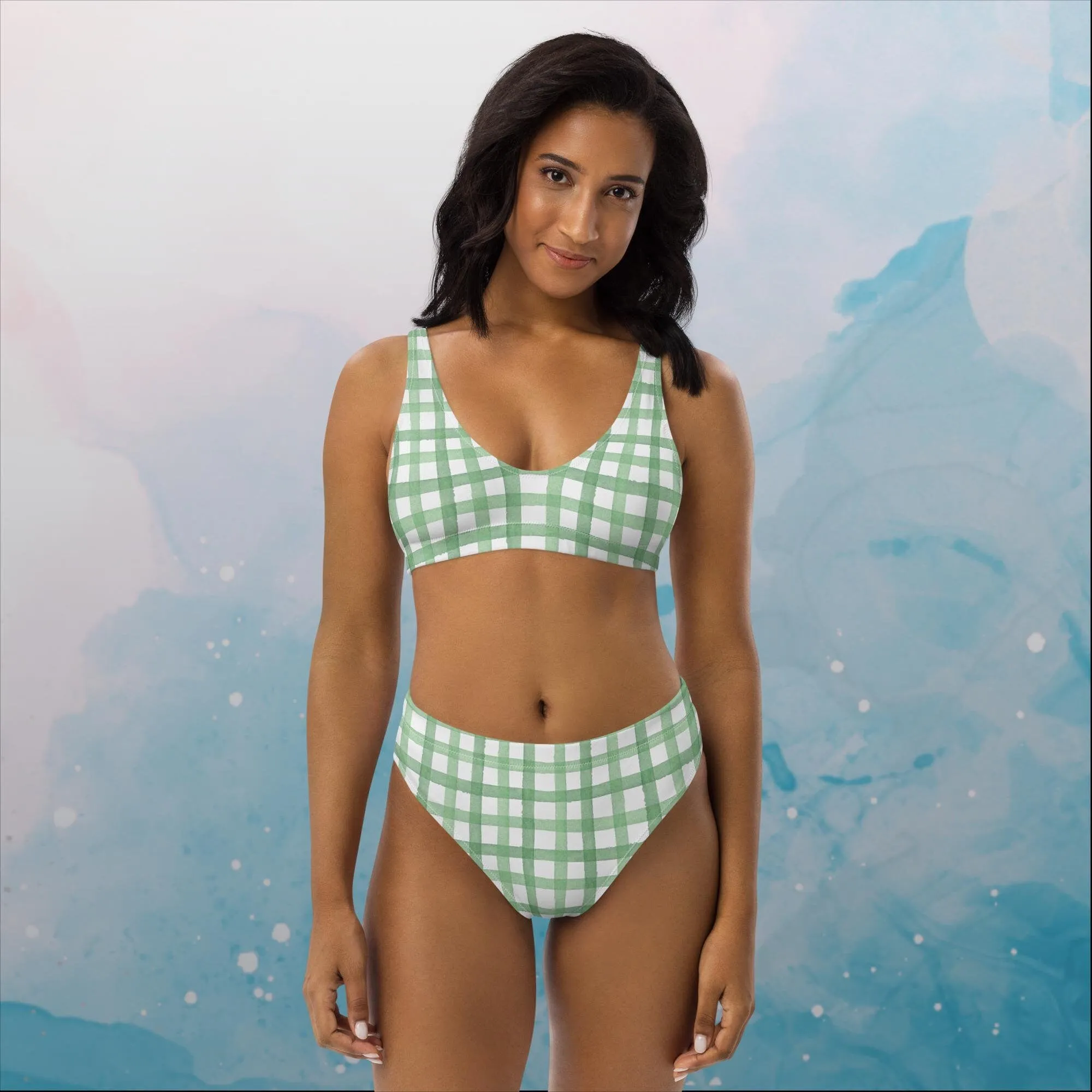 Green Gingham Print Womens Recycled High Waisted Bikini